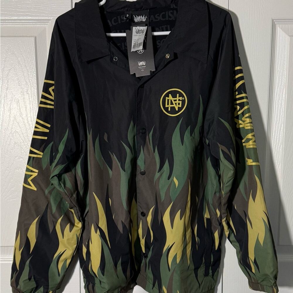 NMG GUENTA Anti Racism Black and Green Flame Camo Windbreaker Jacket Men’s Sz L